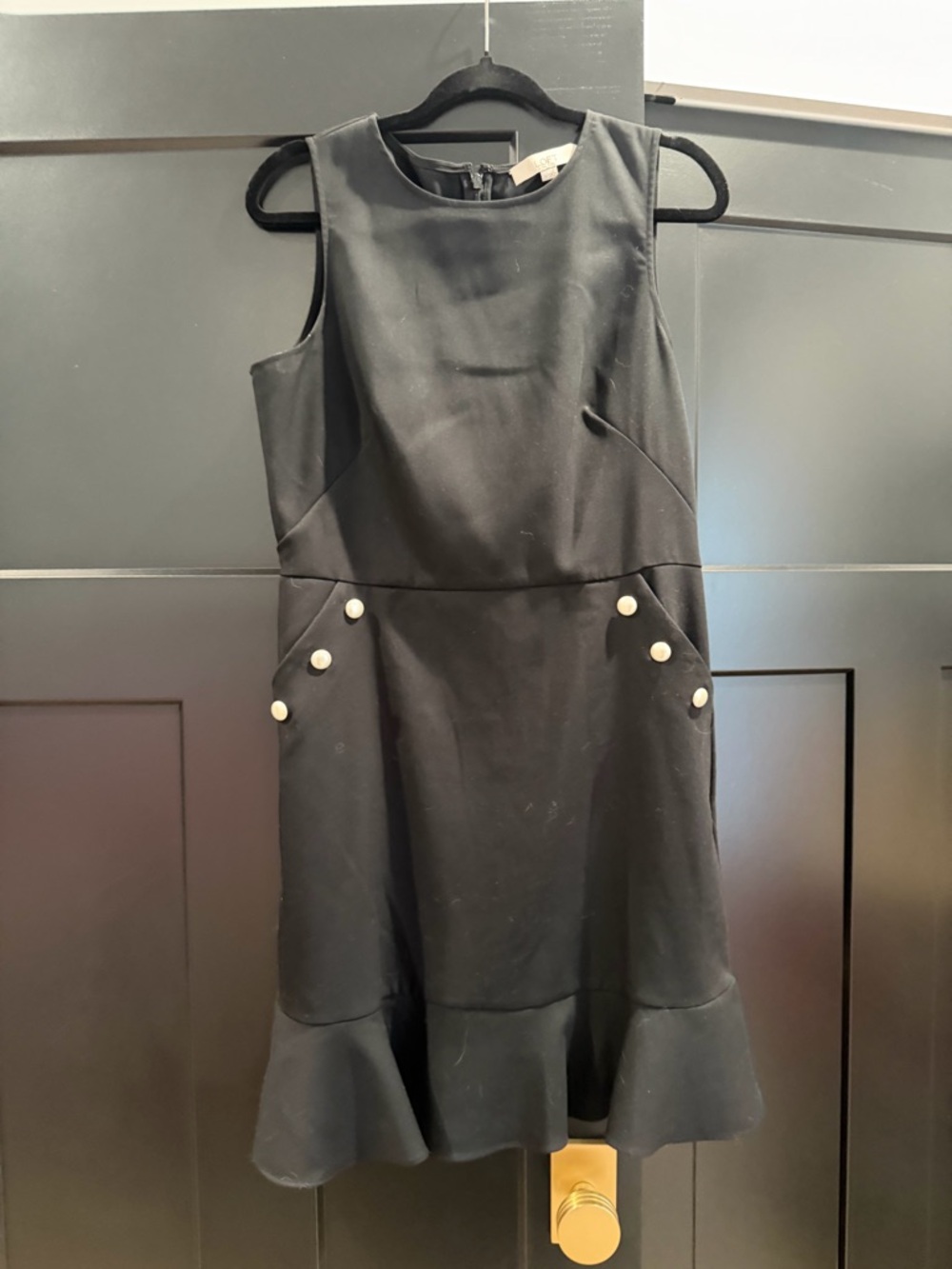 LOFT Black Sleeveless Fit-and-Flare Dress with Pearl Buttons
